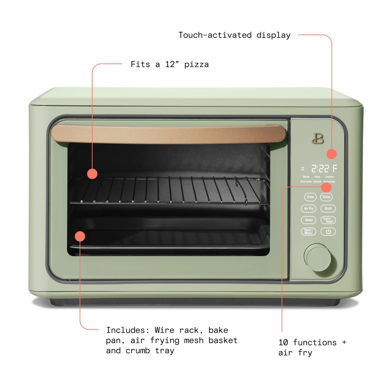 Beautiful 6 Slice Touchscreen Air Fryer Toaster Oven, Sage Green by