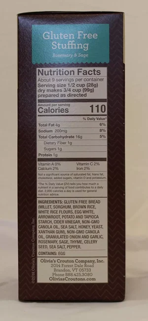 Olivia's Gluten Free Stuffing Rosemary and Sage Nutrition Information