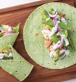 Gluten Free Spinach Herb Tortilla Baked Salmon Salad Wraps